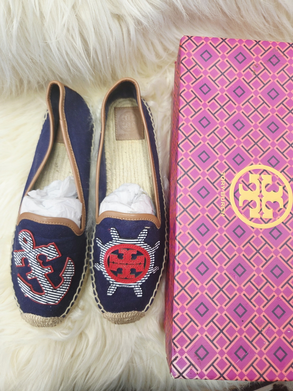 Tory Burch Navy Espadrilles with Red Embroidered Nautical Motifs